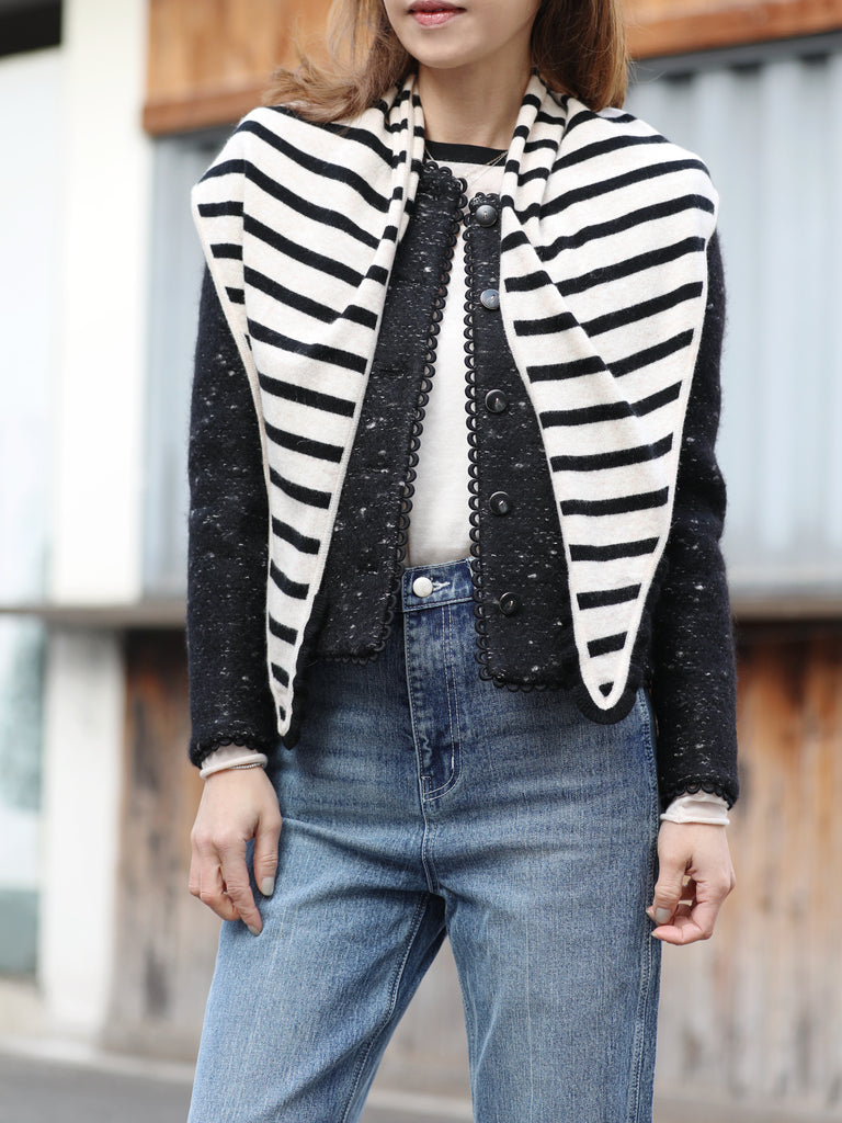 Navy/ White Stripe Ruffle Trim Triangle Cashmere Wool Scarf