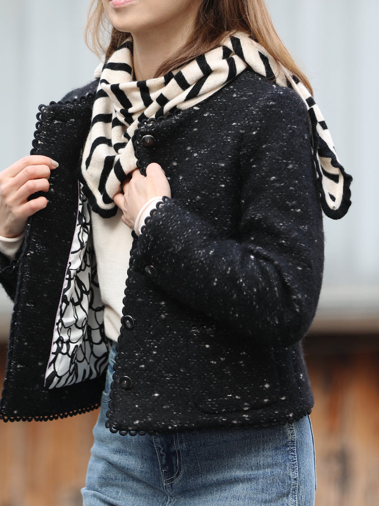 Black Freckle Bouclè Wool Scalloped Trim Patch Pocket Jacket