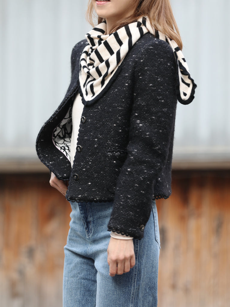 Black Freckle Bouclè Wool Scalloped Trim Patch Pocket Jacket