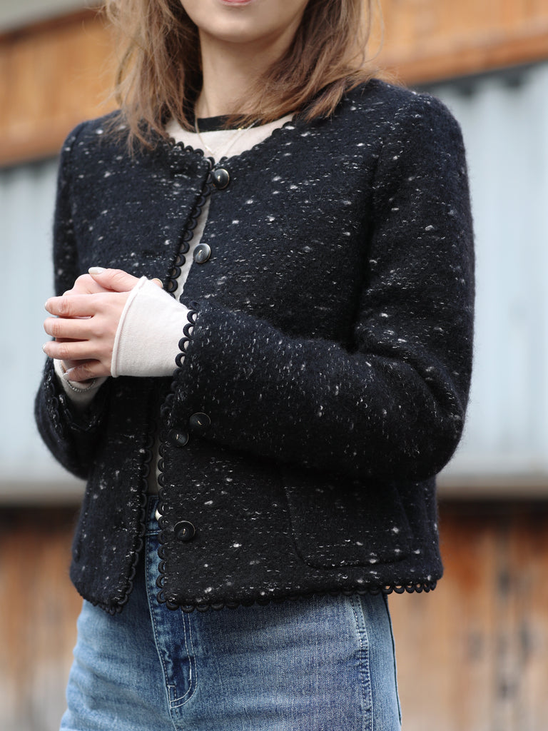Black Freckle Bouclè Wool Scalloped Trim Patch Pocket Jacket