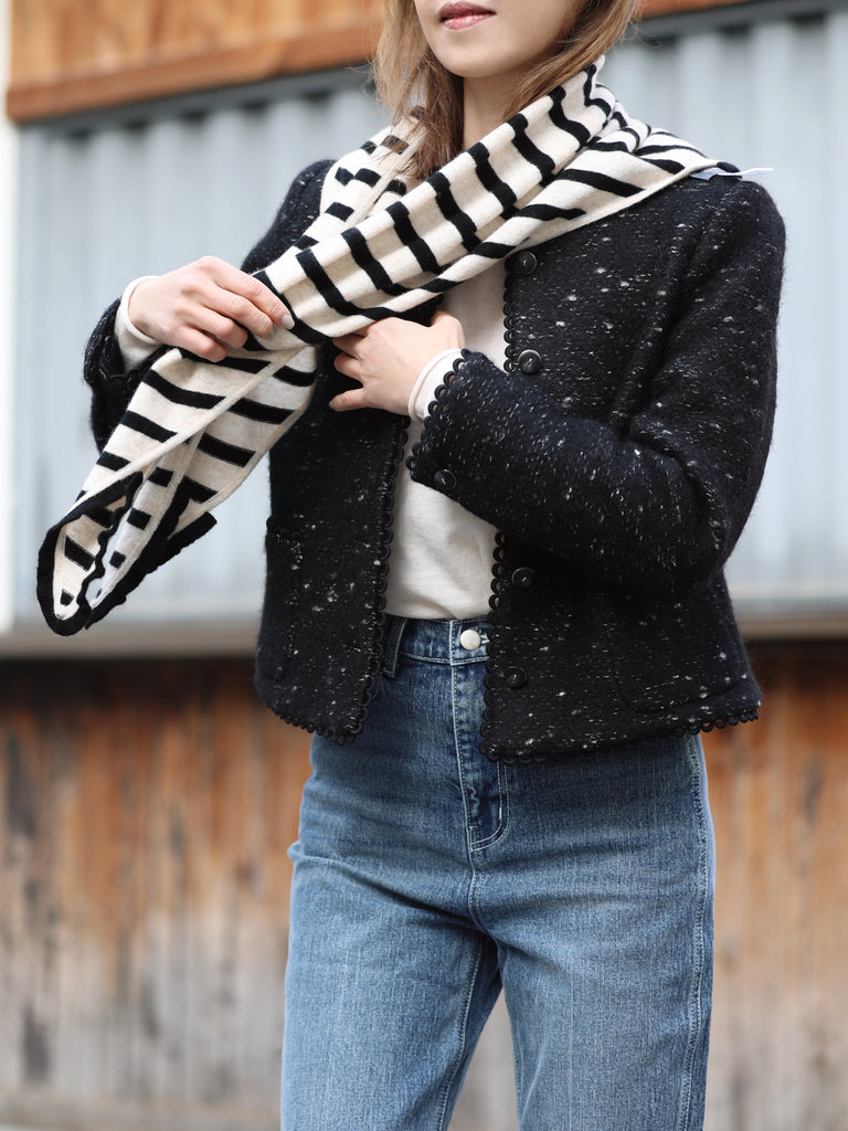 Navy/ White Stripe Ruffle Trim Triangle Cashmere Wool Scarf