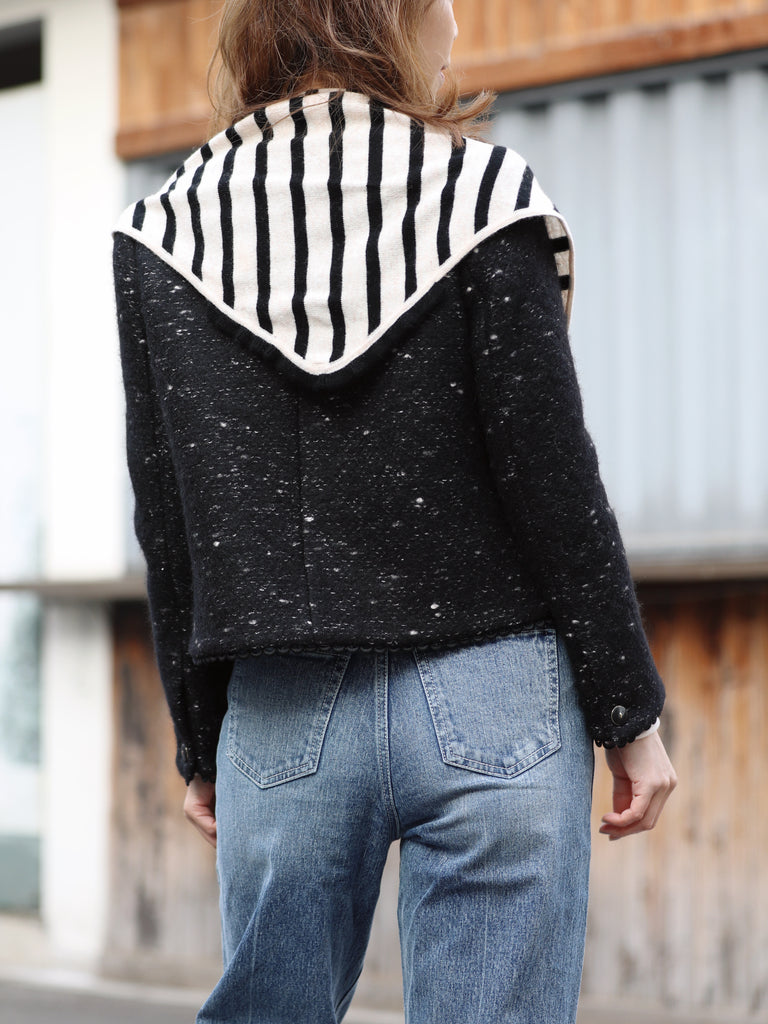 Black Freckle Bouclè Wool Scalloped Trim Patch Pocket Jacket