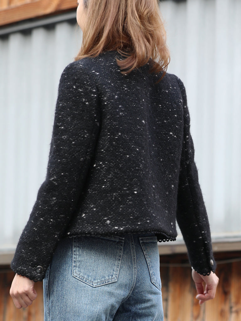 Black Freckle Bouclè Wool Scalloped Trim Patch Pocket Jacket