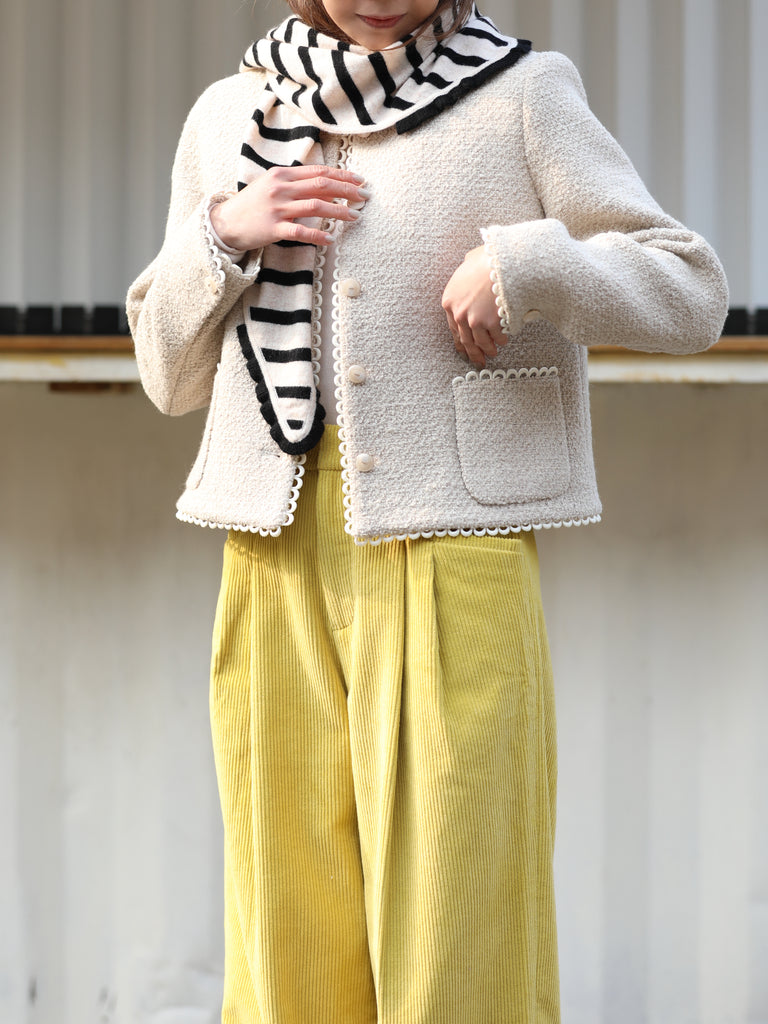 Navy/ White Stripe Ruffle Trim Triangle Cashmere Wool Scarf