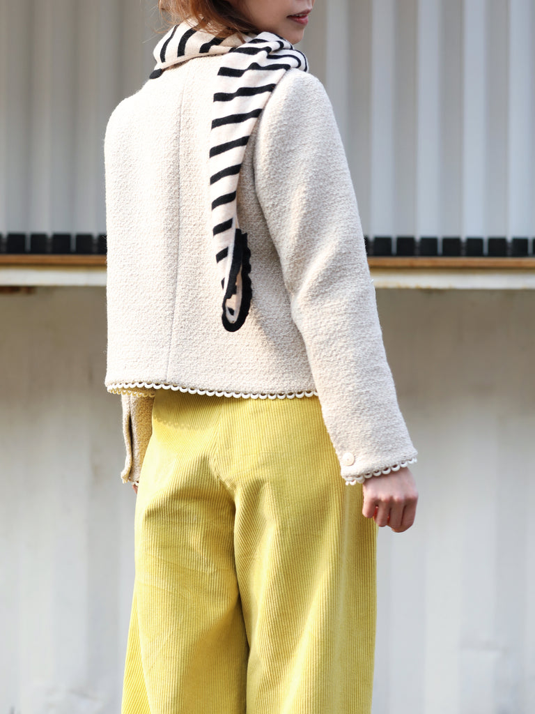 Ivory White Bouclè Wool Scalloped Trim Patch Pocket Jacket