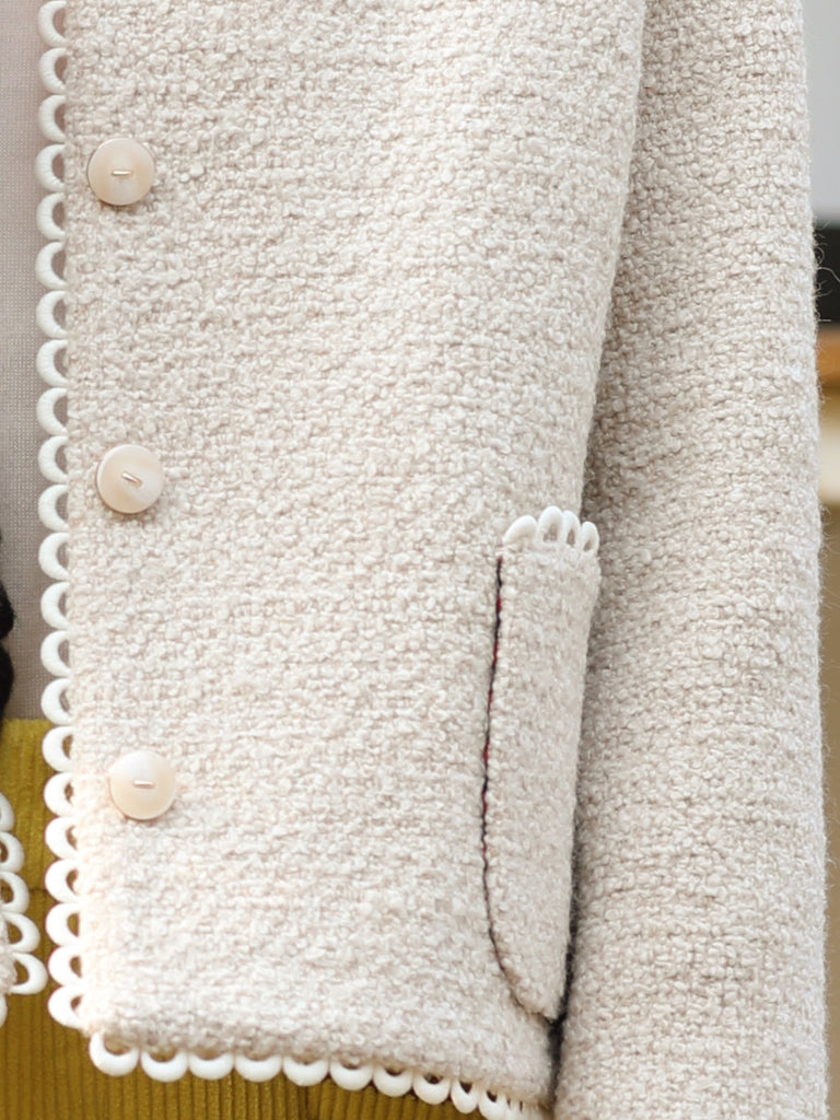Ivory White Bouclè Wool Scalloped Trim Patch Pocket Jacket