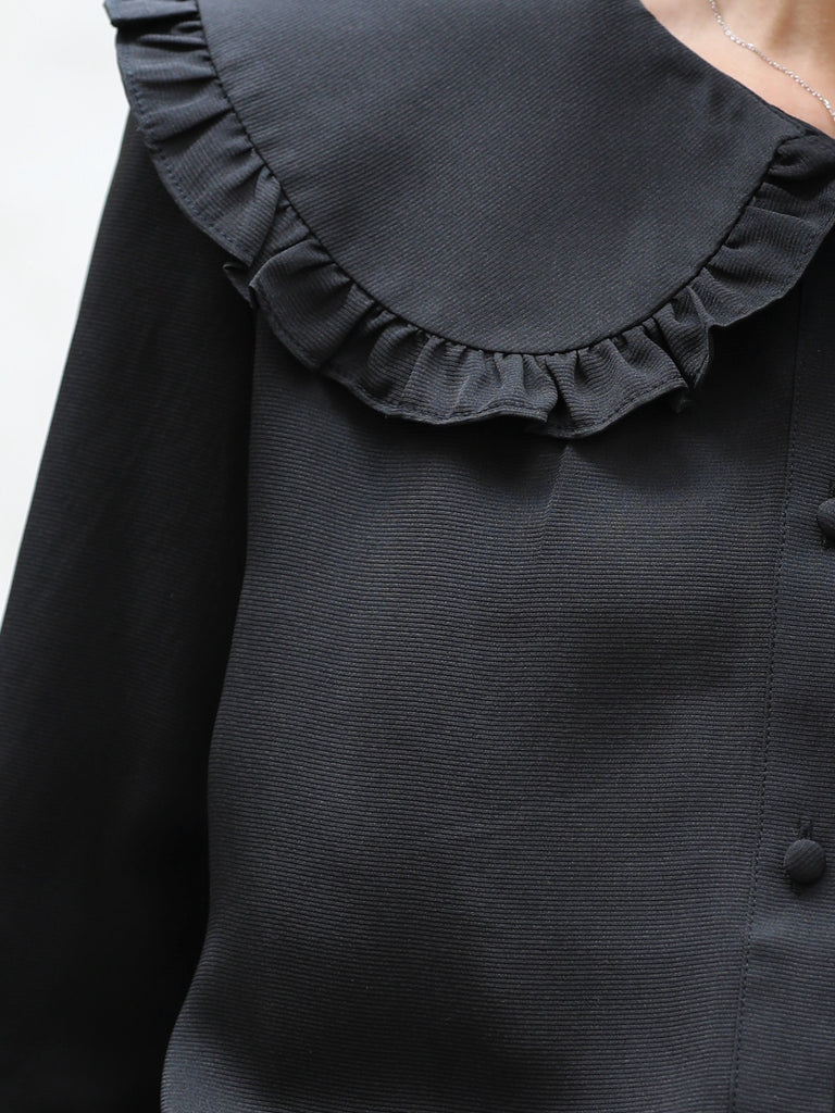 Classic Black Ruffle Collar Long Sleeve Button Silky Blouse