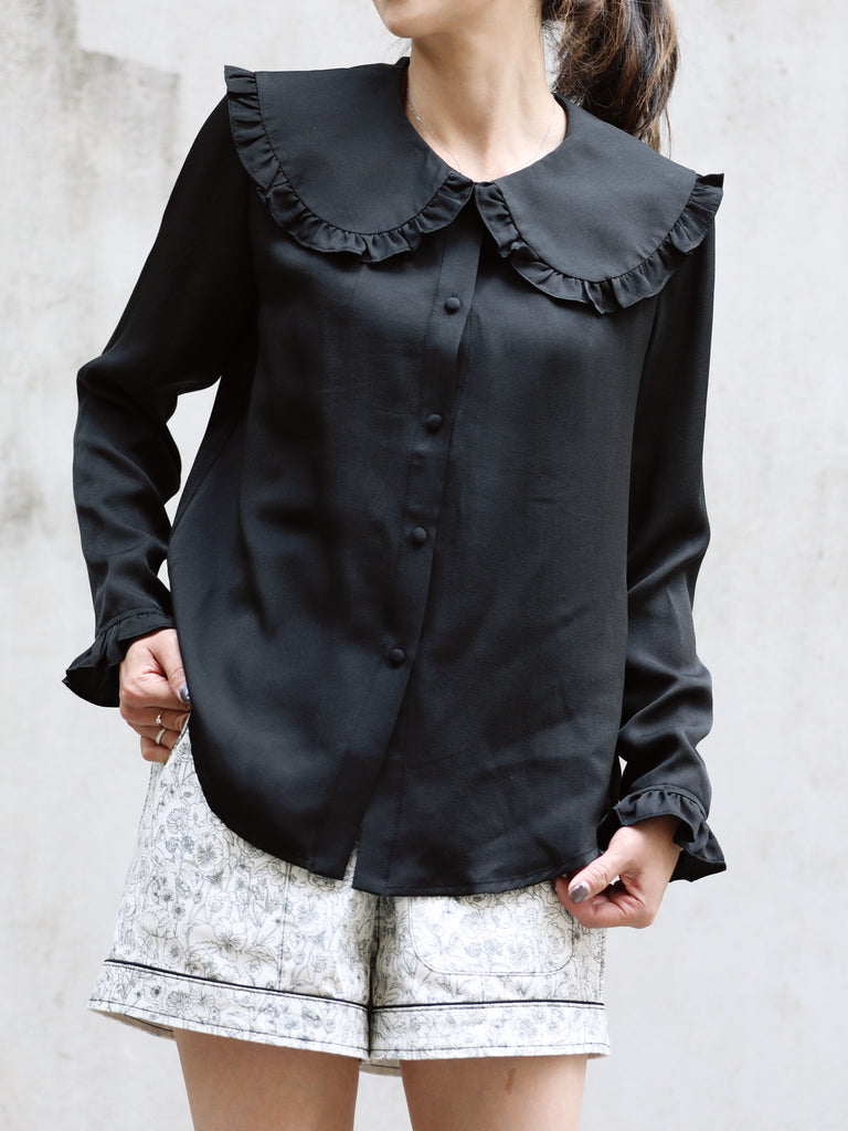 Classic Black Ruffle Collar Long Sleeve Button Silky Blouse
