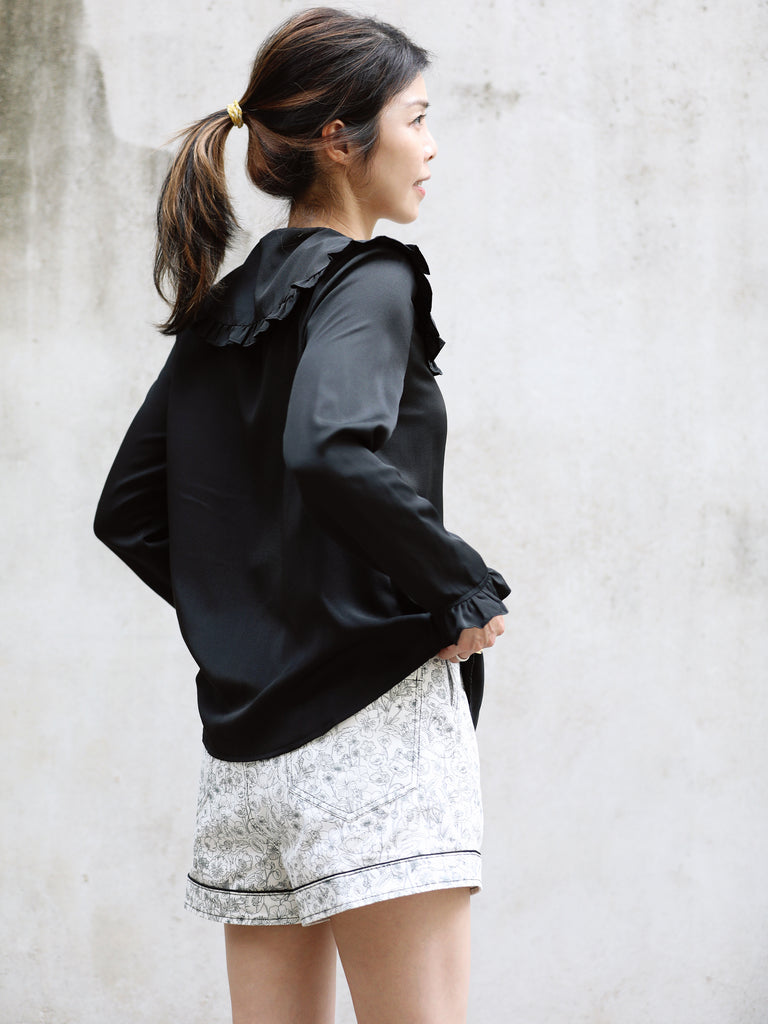 Classic Black Ruffle Collar Long Sleeve Button Silky Blouse
