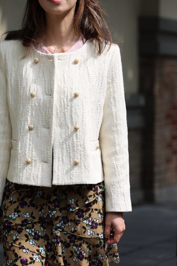 Ivory Textured Gold Accents Cropped Double-Breasted Jacket