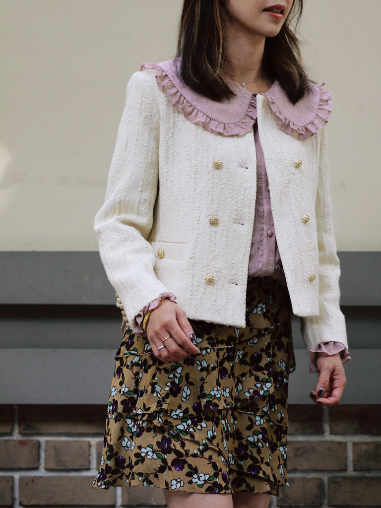 Ivory Textured Gold Accents Cropped Double-Breasted Jacket