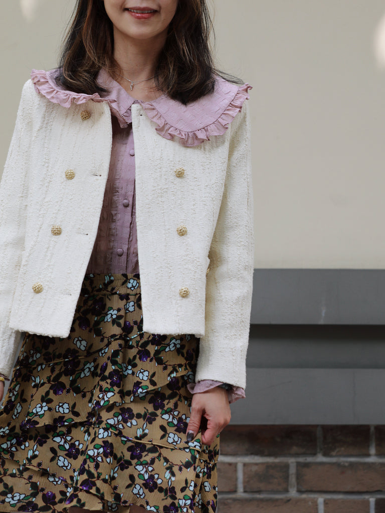 Ivory Textured Gold Accents Cropped Double-Breasted Jacket