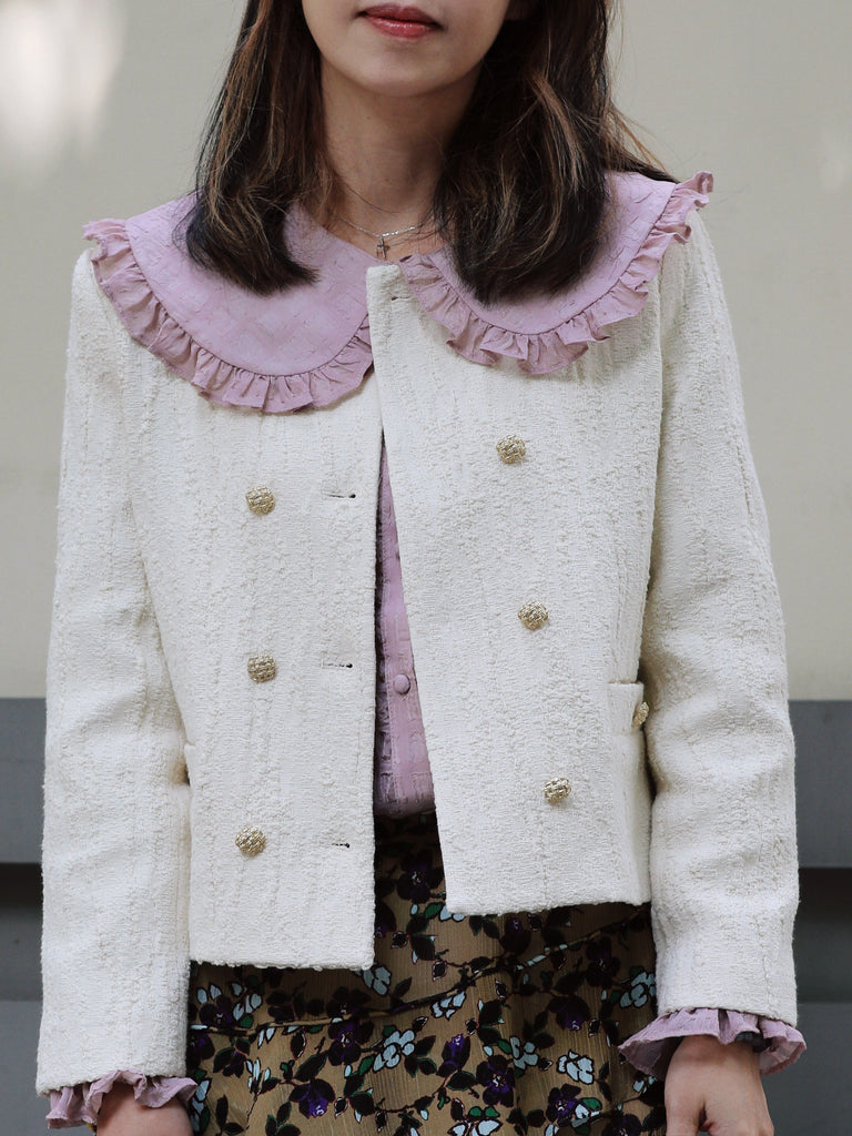 Ivory Textured Gold Accents Cropped Double-Breasted Jacket