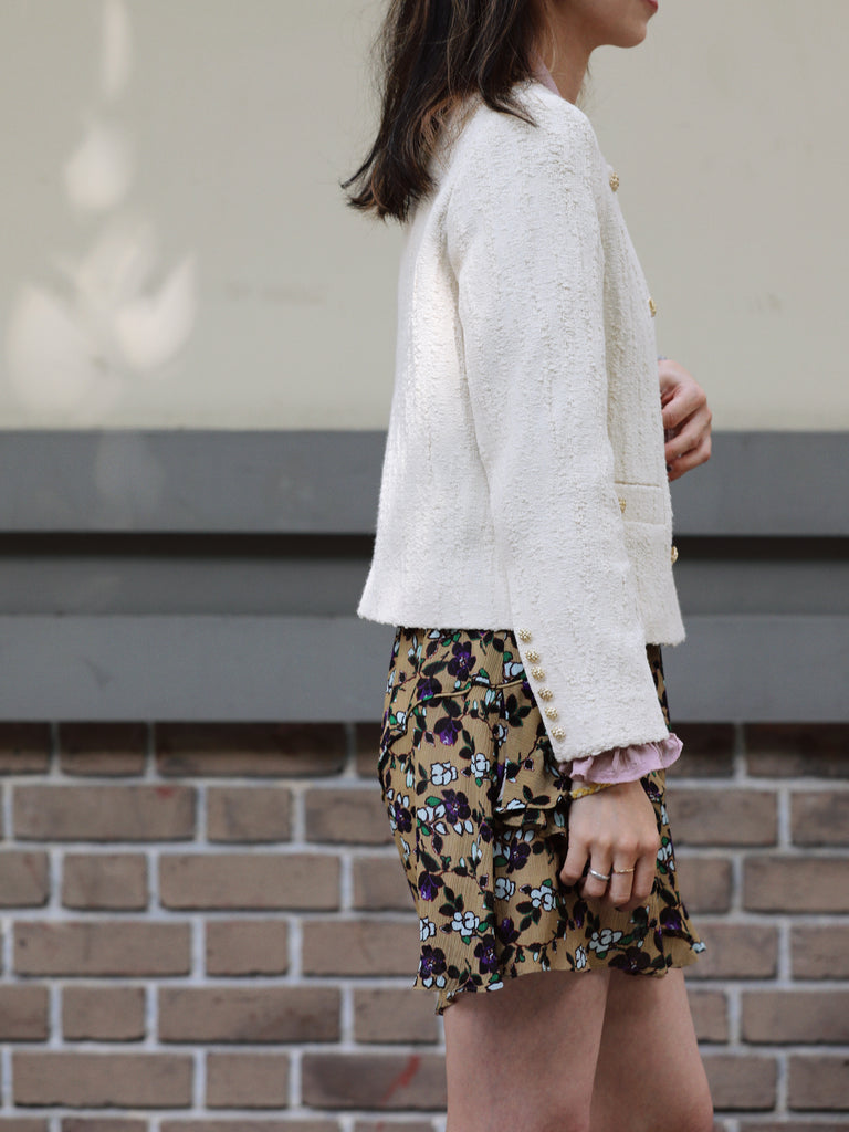 Ivory Textured Gold Accents Cropped Double-Breasted Jacket
