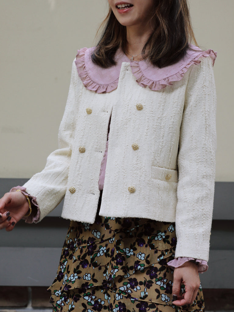 Ivory Textured Gold Accents Cropped Double-Breasted Jacket