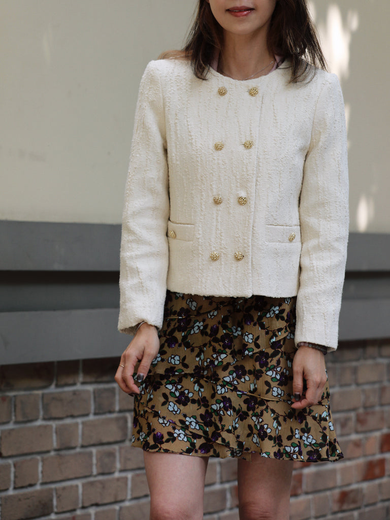 Ivory Textured Gold Accents Cropped Double-Breasted Jacket