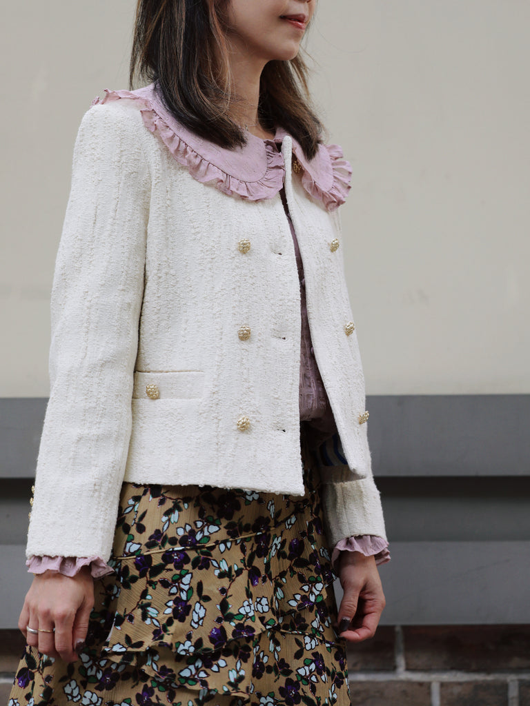 Ivory Textured Gold Accents Cropped Double-Breasted Jacket