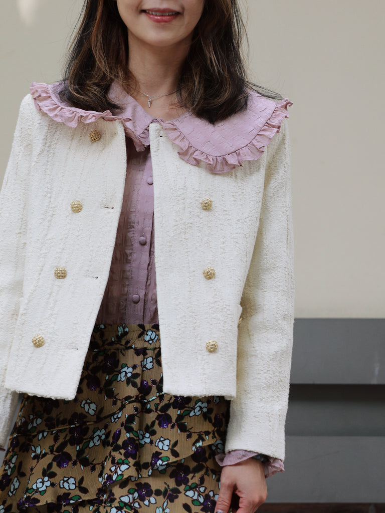 Ivory Textured Gold Accents Cropped Double-Breasted Jacket