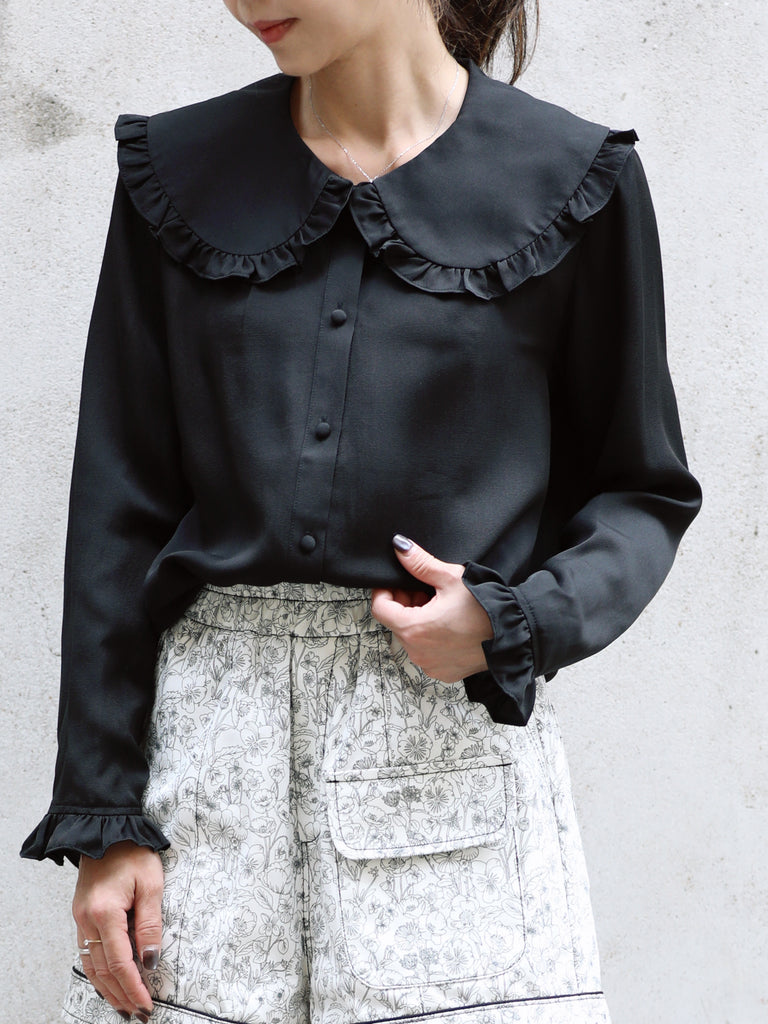 Classic Black Ruffle Collar Long Sleeve Button Silky Blouse