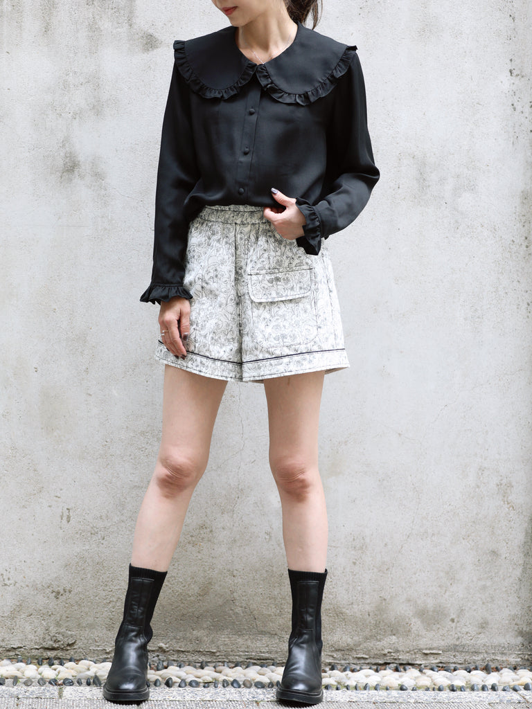 Classic Black Ruffle Collar Long Sleeve Button Silky Blouse