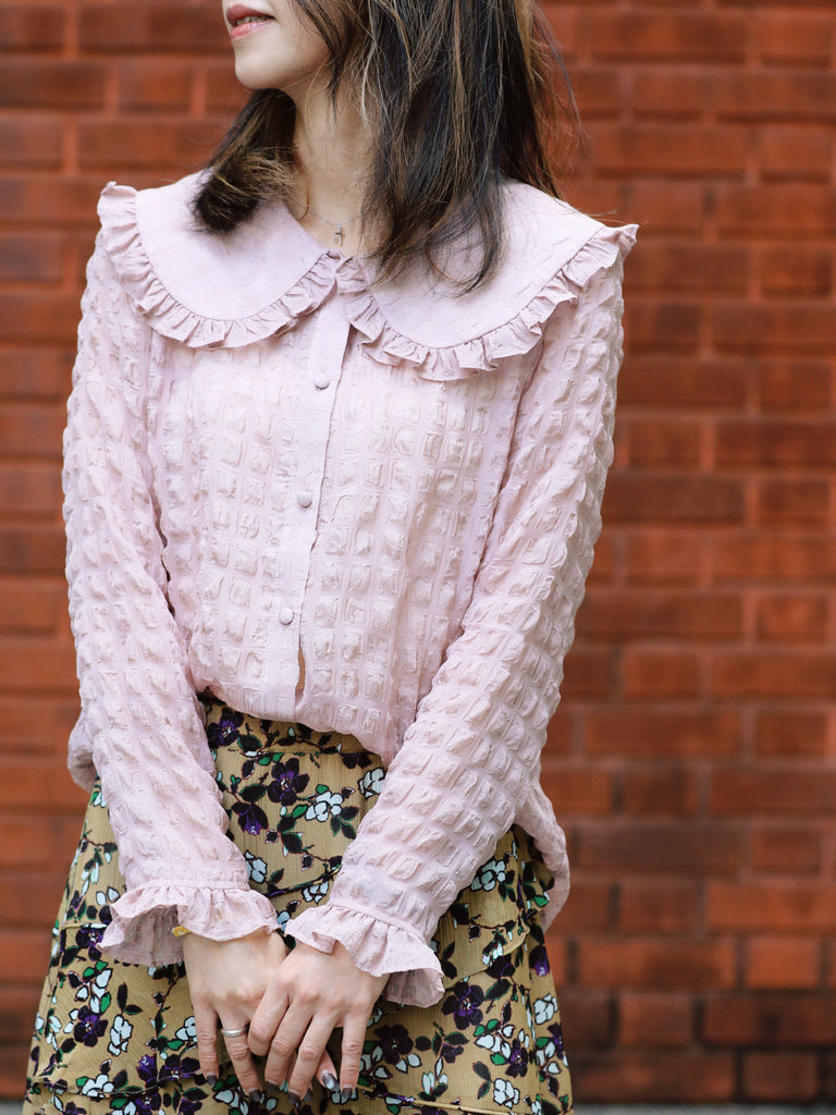 Textured Pink Ruffle Collar Long Sleeve Button Silky Blouse