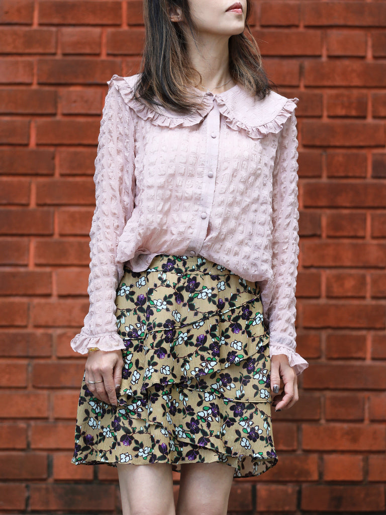 Textured Pink Ruffle Collar Long Sleeve Button Silky Blouse