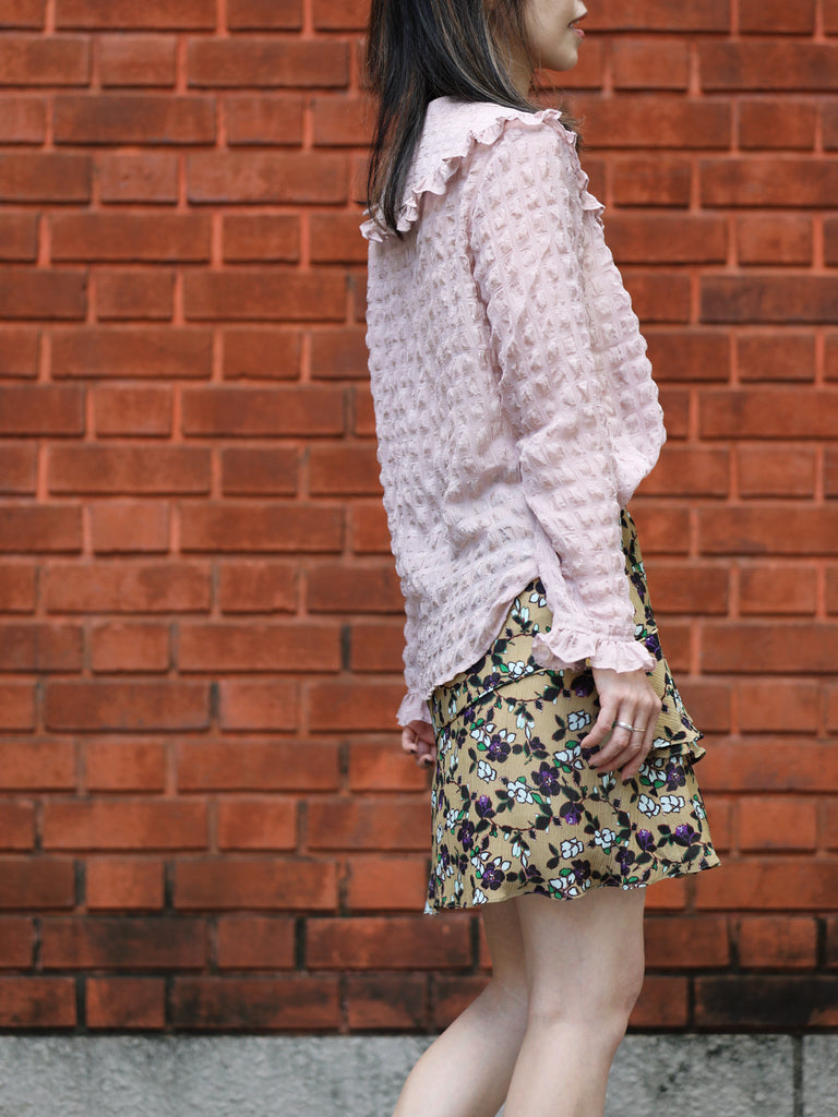 Textured Pink Ruffle Collar Long Sleeve Button Silky Blouse