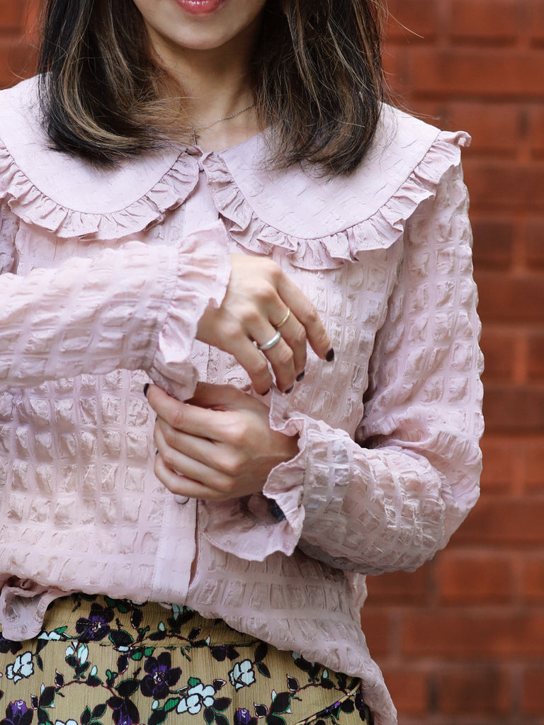 Textured Pink Ruffle Collar Long Sleeve Button Silky Blouse