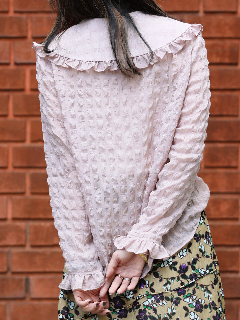 Textured Pink Ruffle Collar Long Sleeve Button Silky Blouse