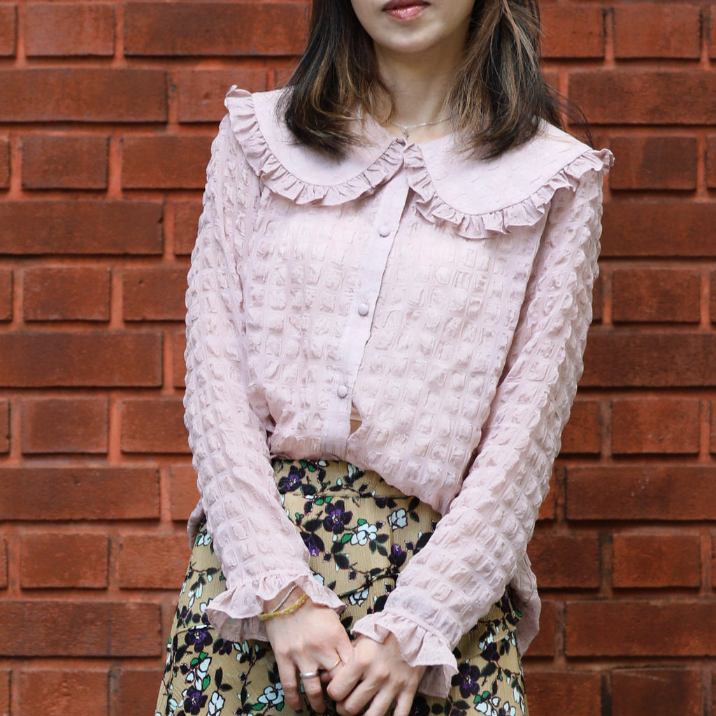 Textured Pink Ruffle Collar Long Sleeve Button Silky Blouse