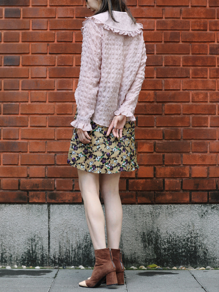 Textured Pink Ruffle Collar Long Sleeve Button Silky Blouse