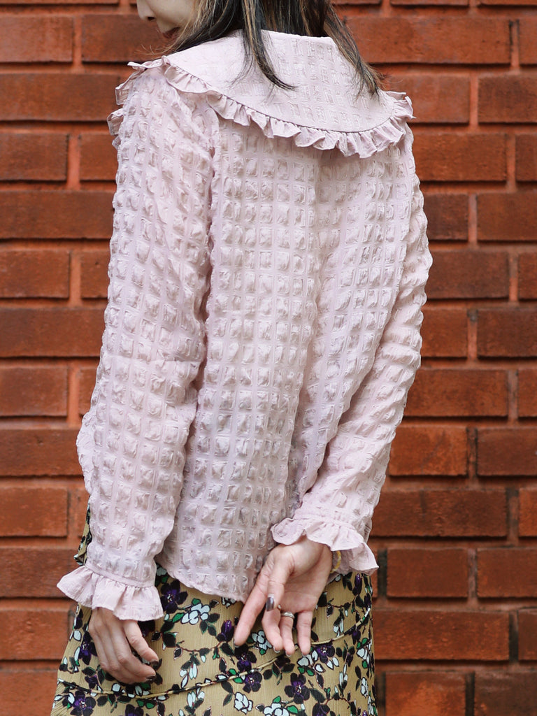 Textured Pink Ruffle Collar Long Sleeve Button Silky Blouse