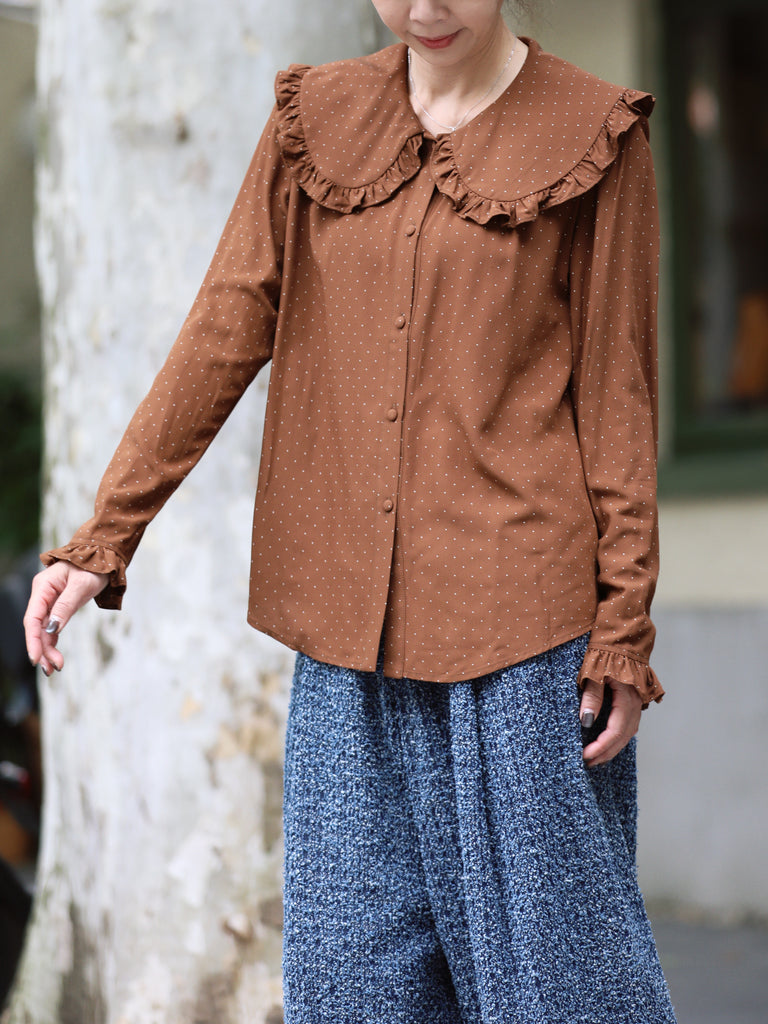 Brown Dots Ruffle Collar Long Sleeve Button Breezy Blouse