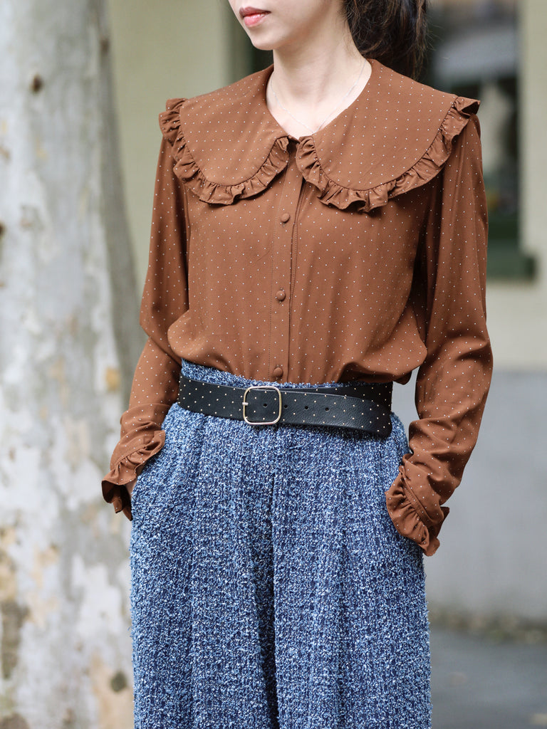 Brown Dots Ruffle Collar Long Sleeve Button Breezy Blouse