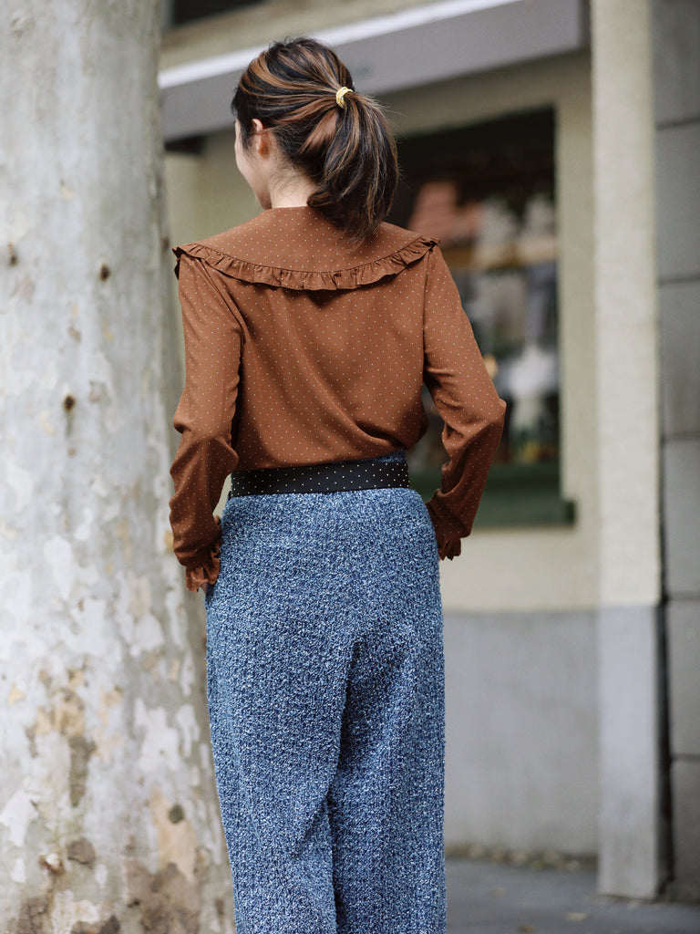 Brown Dots Ruffle Collar Long Sleeve Button Breezy Blouse