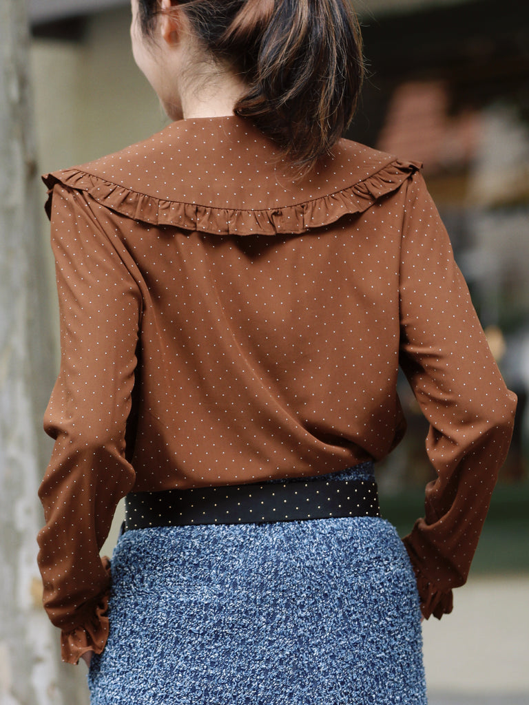 Brown Dots Ruffle Collar Long Sleeve Button Breezy Blouse