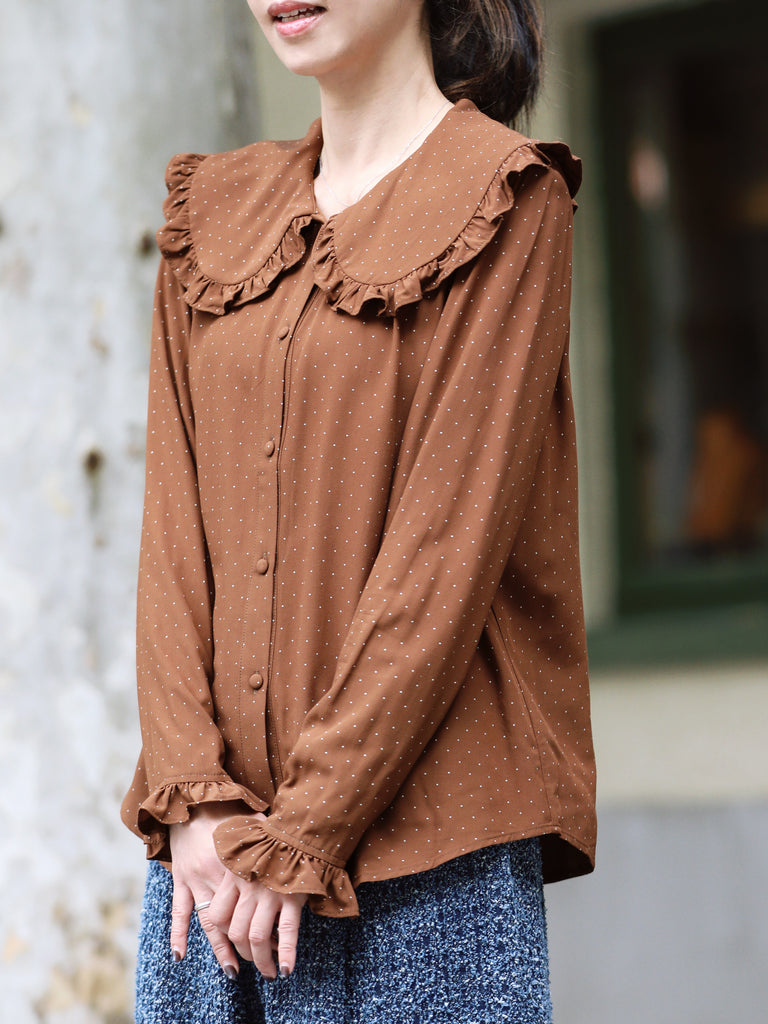 Brown Dots Ruffle Collar Long Sleeve Button Breezy Blouse