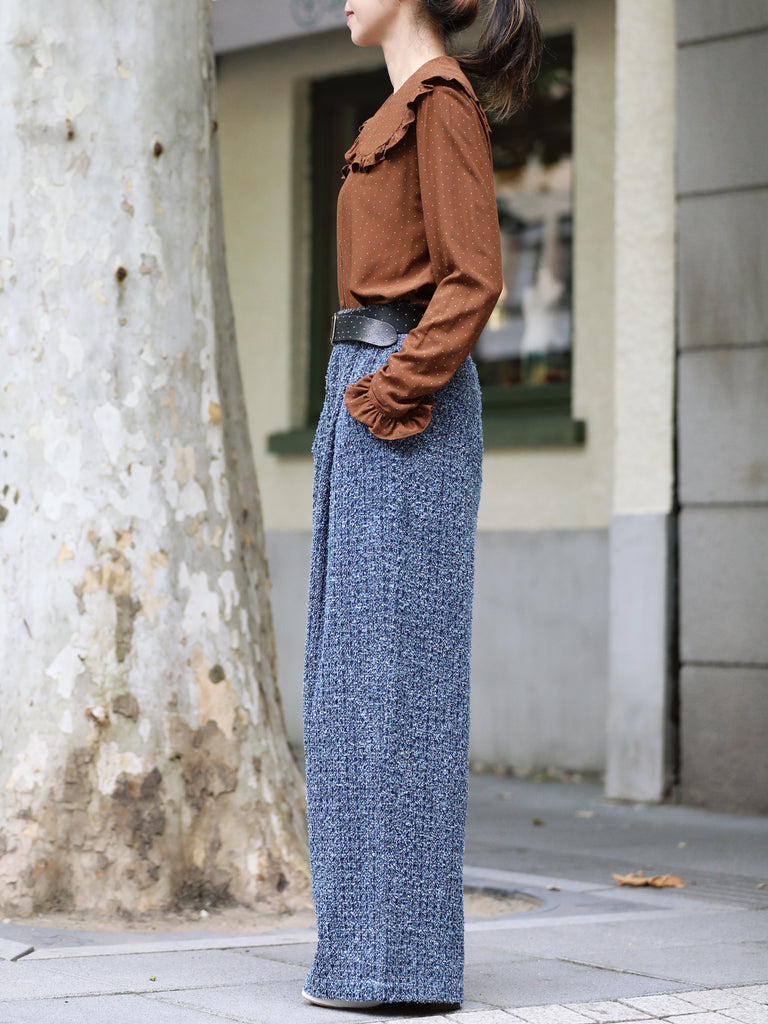 Brown Dots Ruffle Collar Long Sleeve Button Breezy Blouse