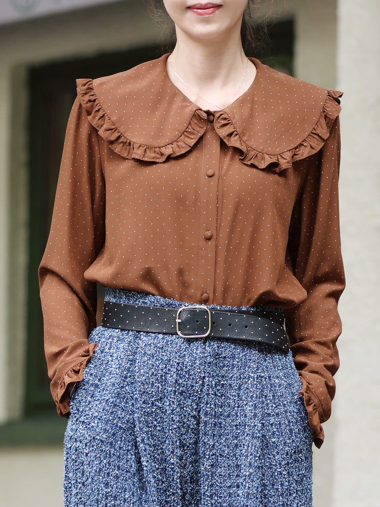 Brown Dots Ruffle Collar Long Sleeve Button Breezy Blouse