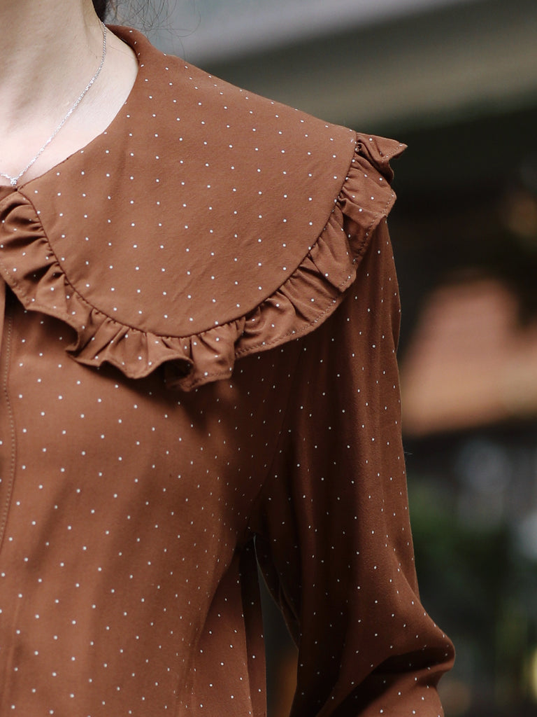 Brown Dots Ruffle Collar Long Sleeve Button Breezy Blouse