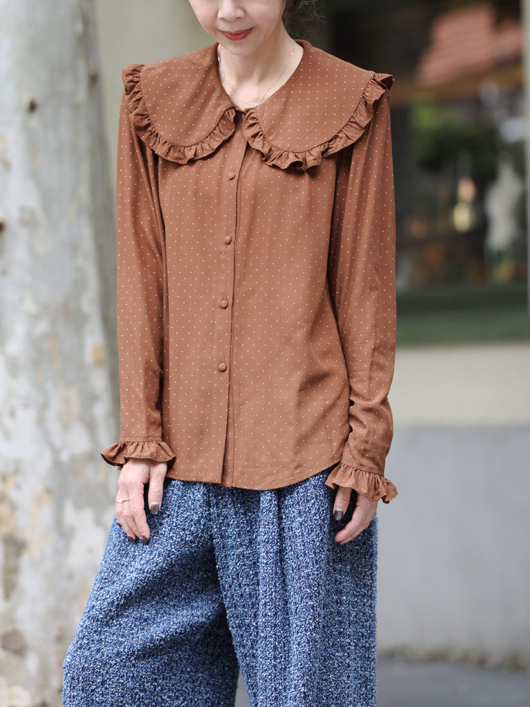 Brown Dots Ruffle Collar Long Sleeve Button Breezy Blouse
