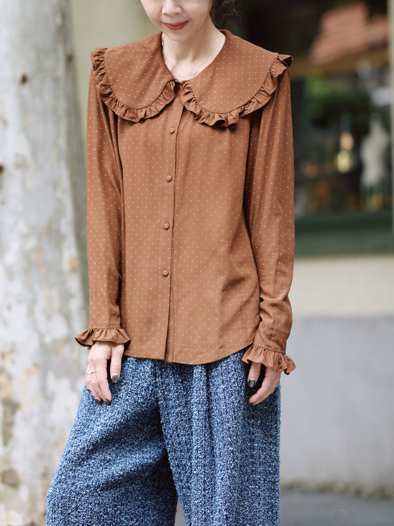 Brown Dots Ruffle Collar Long Sleeve Button Breezy Blouse
