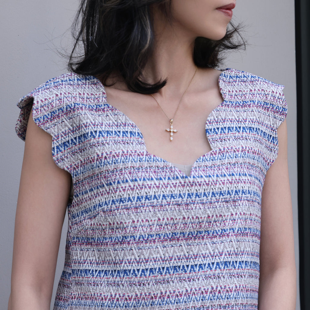 Zigzag Blue V-Neck Scalloped Tank Top