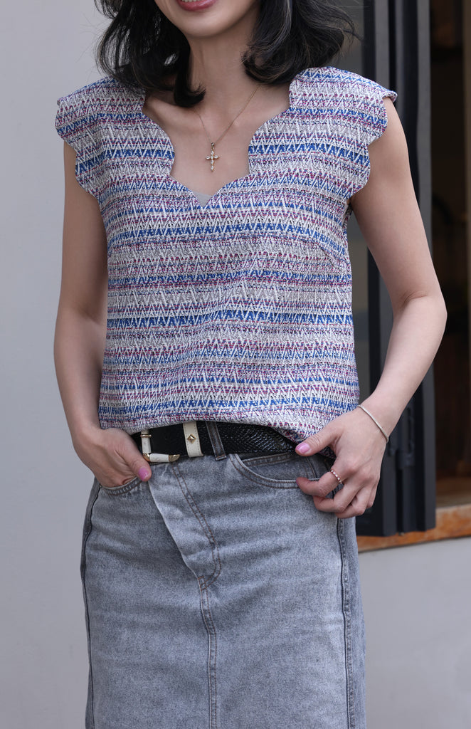 Zigzag Blue V-Neck Scalloped Tank Top