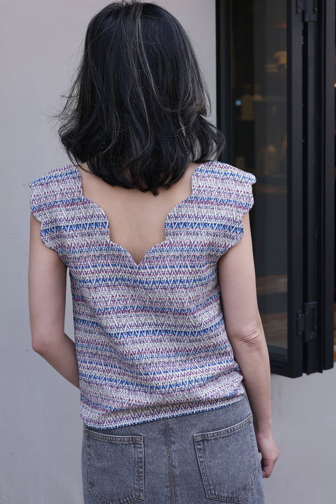 Zigzag Blue V-Neck Scalloped Tank Top
