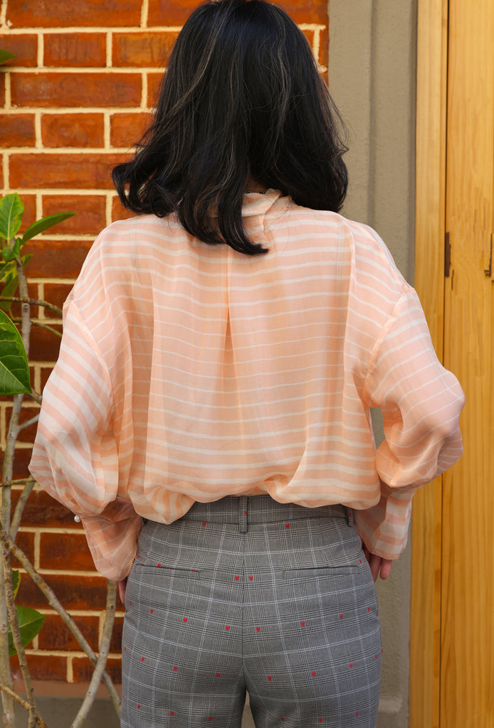 Orange Stripe Pleated Collar Flared Cuff Silky Blouse