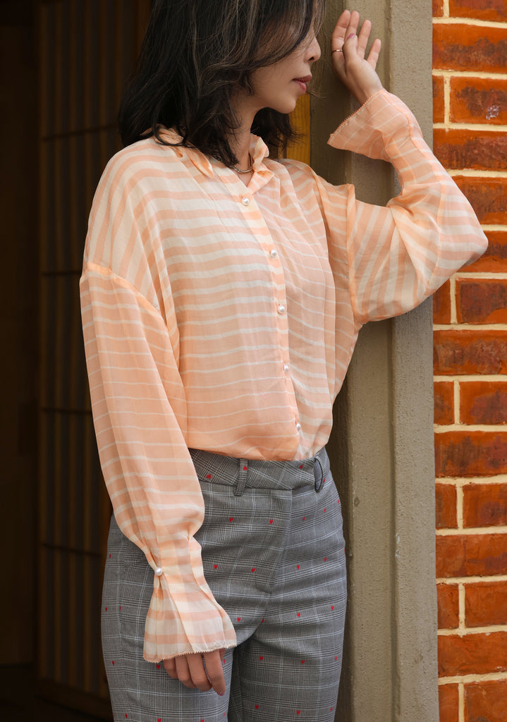 Orange Stripe Pleated Collar Flared Cuff Silky Blouse