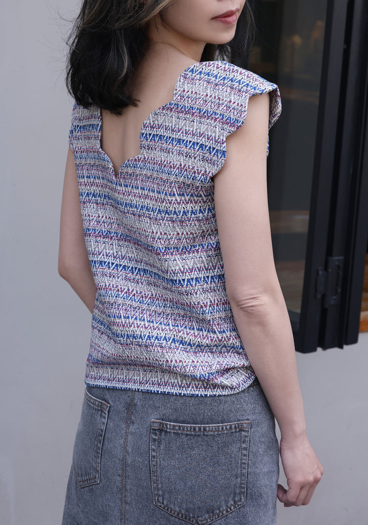 Zigzag Blue V-Neck Scalloped Tank Top