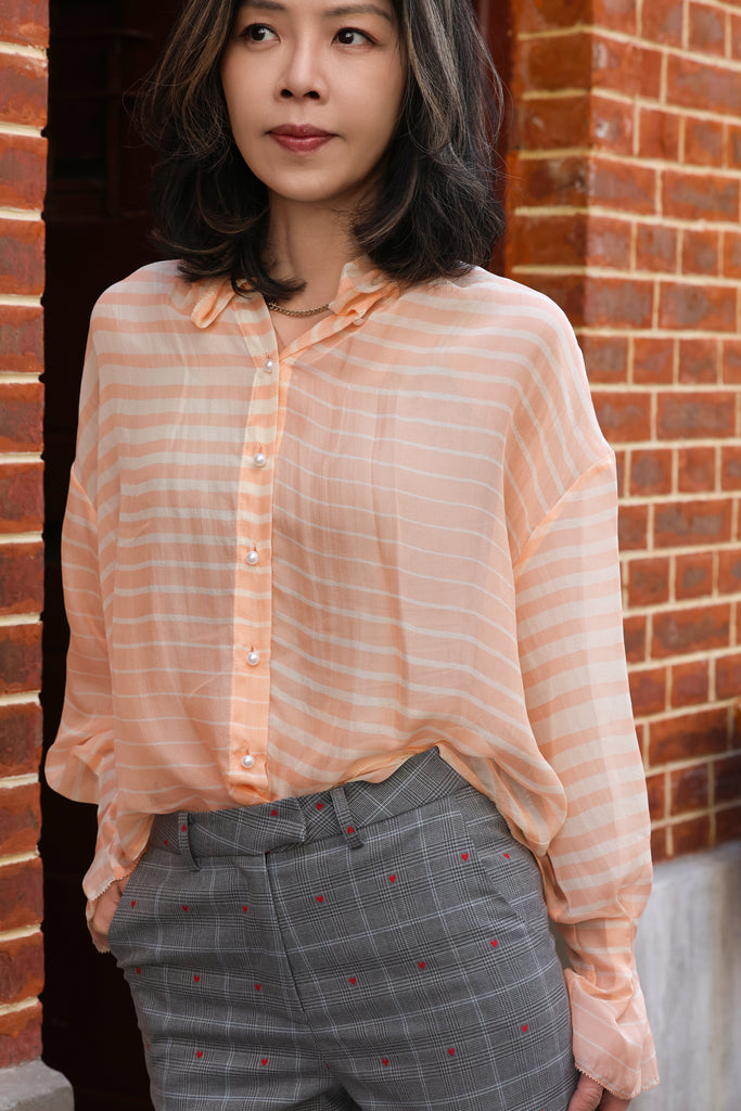 Orange Stripe Pleated Collar Flared Cuff Silky Blouse