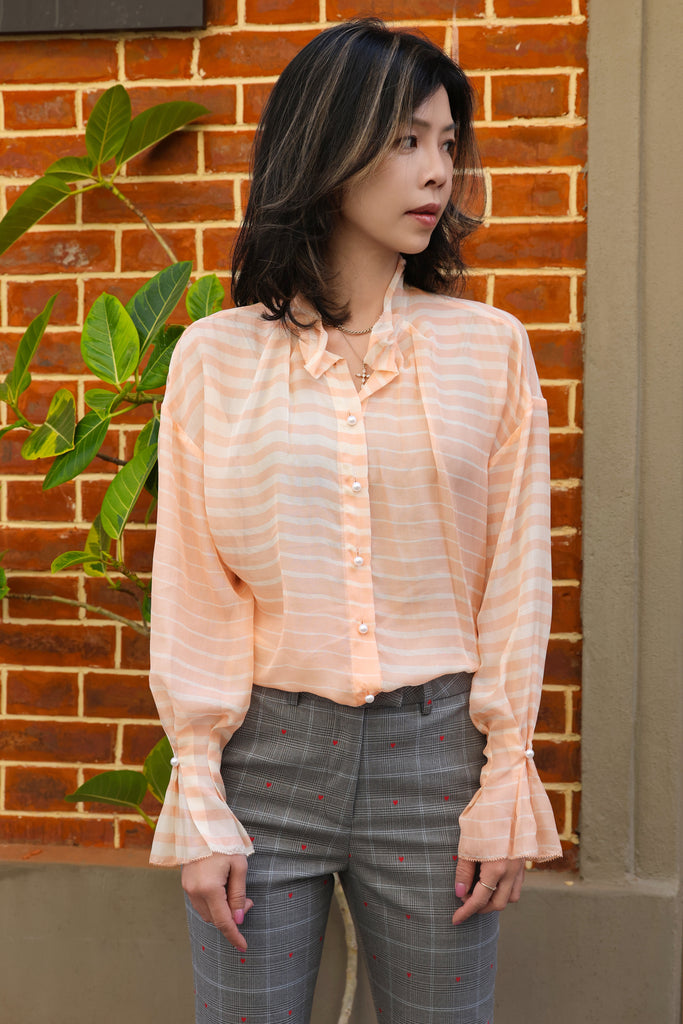 Orange Stripe Pleated Collar Flared Cuff Silky Blouse